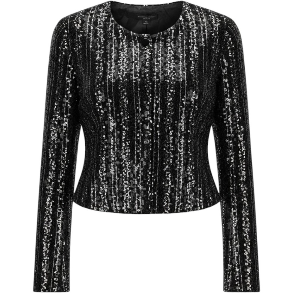 Christian Siriano New York Black Silver Sequin Front Zip Long Sleeve Top M